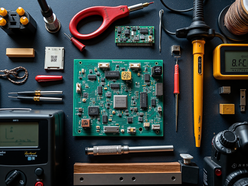 Electronic components on workbench with multimeter and tools, circuit boards and resistors visible, professional engineering setup